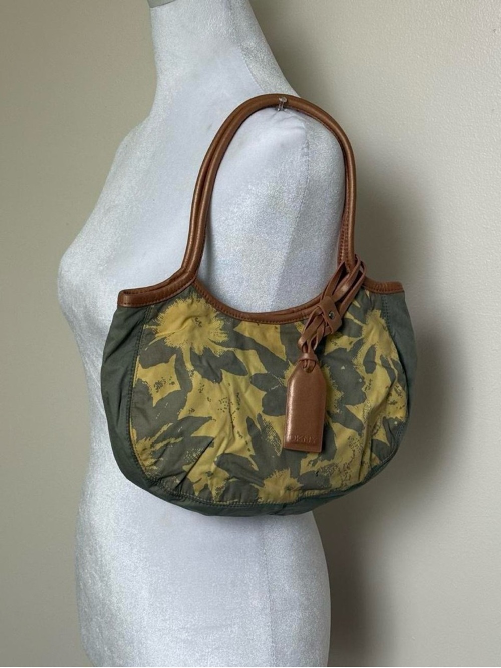 DKNY grey Floral Shoulder Bag with Tan Leather Trim
